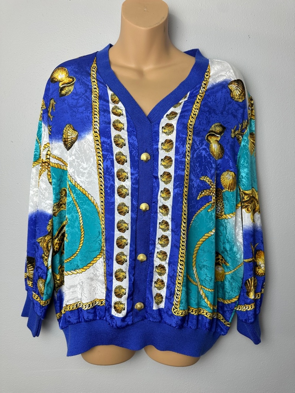 Vintage 90s Nautical Print Faux Button-Up Pullover
